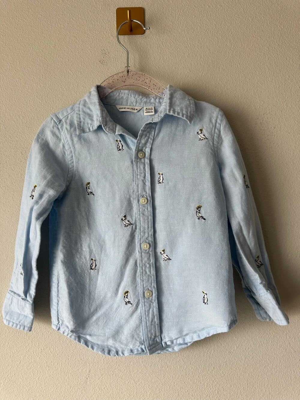 Janie and Jack Linen Cotton Cockatoo Embroidered Button Down Shirt 18-24M